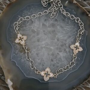 Elegant Gold, Silver, and Mother of Pearl Floral Necklace NWOT